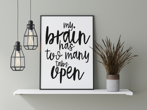 My Brian has too many tabs open. Black on White Art Print.
